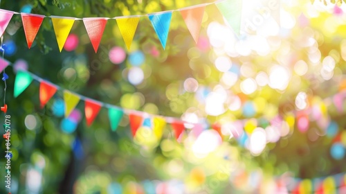 Colorful Party Flags Hanging in a Sunny Outdoor Setting