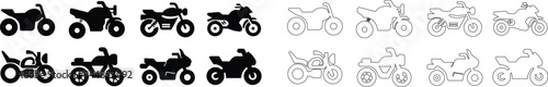 List of different type of motorcycle, bike, and motorbike icon set. Side view of all kind of motorcycle from moped, scooter, roadster, sports, cruiser, touring, scrambler, trial bike, and chopper.