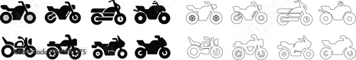 List of different type of motorcycle, bike, and motorbike icon set. Side view of all kind of motorcycle from moped, scooter, roadster, sports, cruiser, touring, scrambler, trial bike, and chopper.