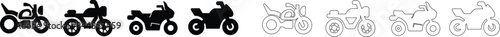 List of different type of motorcycle, bike, and motorbike icon set. Side view of all kind of motorcycle from moped, scooter, roadster, sports, cruiser, touring, scrambler, trial bike, and chopper.