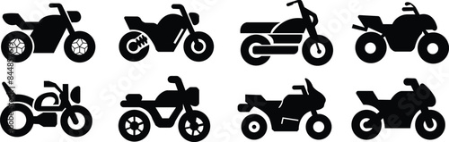 List of different type of motorcycle, bike, and motorbike icon set. Side view of all kind of motorcycle from moped, scooter, roadster, sports, cruiser, touring, scrambler, trial bike, and chopper.