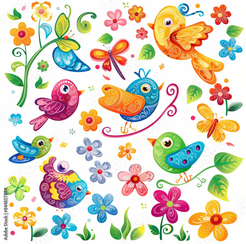colorfull cartoon buterfly and birds