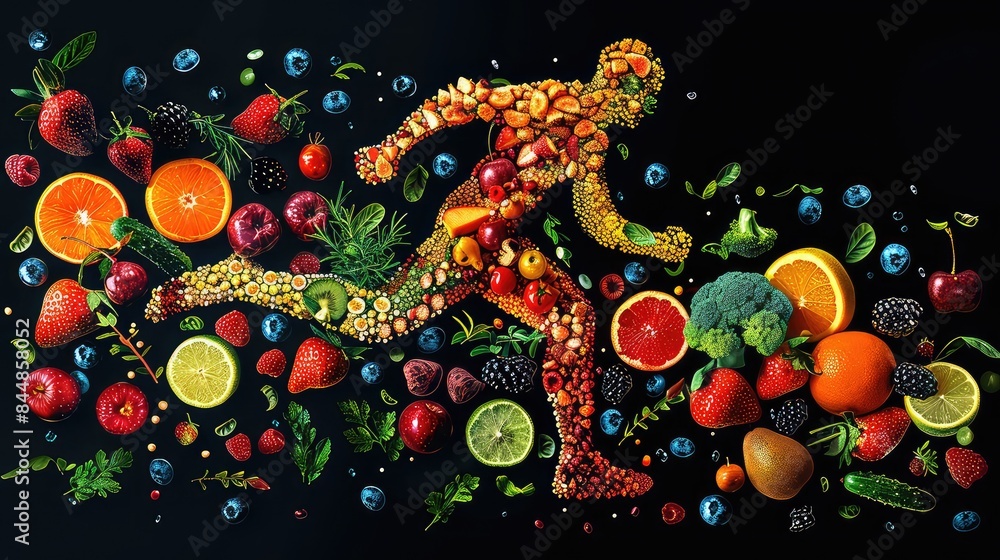 We Are What We Eat: Illustration of a Running Man Composed of Fruits and Vegetables, Symbolizing Healthy Nutrition and Lifestyle We Are What We Eat: Illustration of a Running Man Composed of Fruits and Vegetables, Symbolizing Healthy Nutrition and Lifestyle