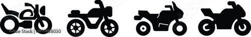 List of different type of motorcycle, bike, and motorbike icon set. Side view of all kind of motorcycle from moped, scooter, roadster, sports, cruiser, touring, scrambler, trial bike, and chopper.