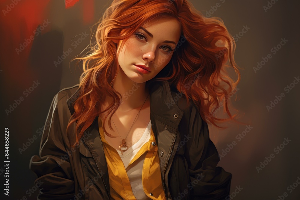 Artistic portrait of a woman with vibrant red hair, gazing softly against a warm backdrop Artistic portrait of a woman with vibrant red hair, gazing softly against a warm backdrop