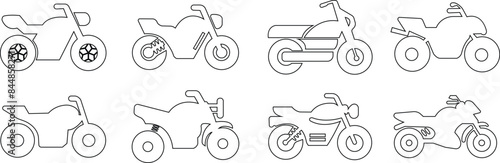 List of different type of motorcycle, bike, and motorbike icon set. Side view of all kind of motorcycle from moped, scooter, roadster, sports, cruiser, touring, scrambler, trial bike, and chopper.