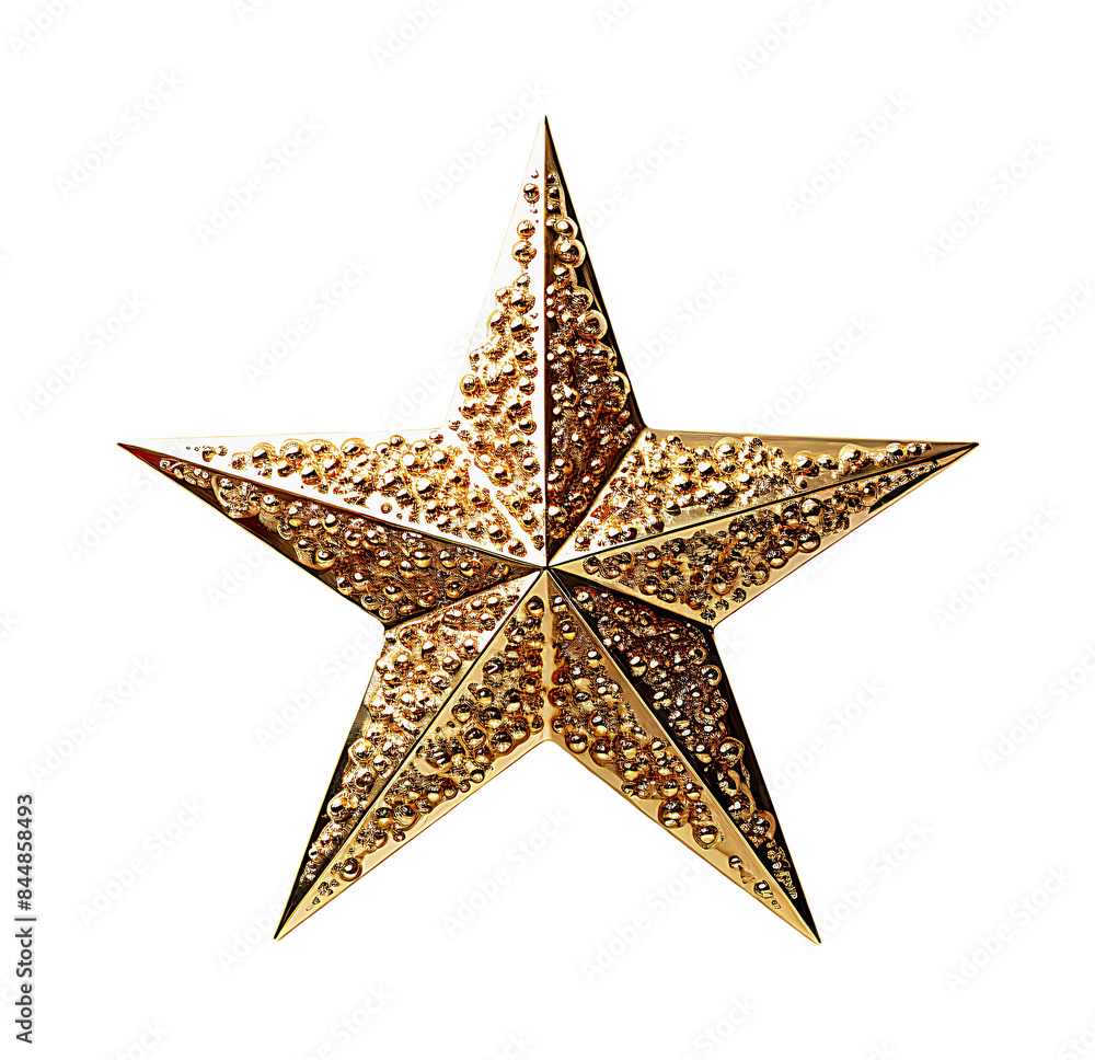 Golden star with a textured surface, embellished with small golden beads, set against a transparent background. Golden star with a textured surface, embellished with small golden beads, set against a transparent background.