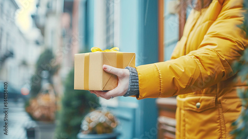 Woman in Yellow Coat Holding Gift Box with Ribbon on Blue Urban Street on a Cold Day