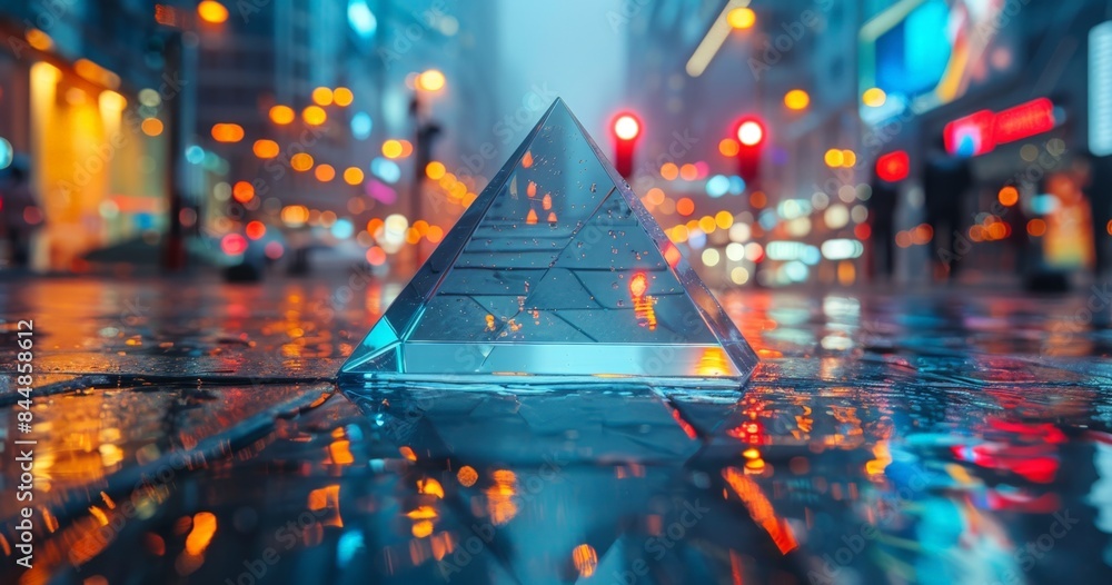 Crystal pyramid on wet surface reflecting cityscape at twilight, bokeh lights, and skyscrapers. Crystal pyramid on wet surface reflecting cityscape at twilight, bokeh lights, and skyscrapers.