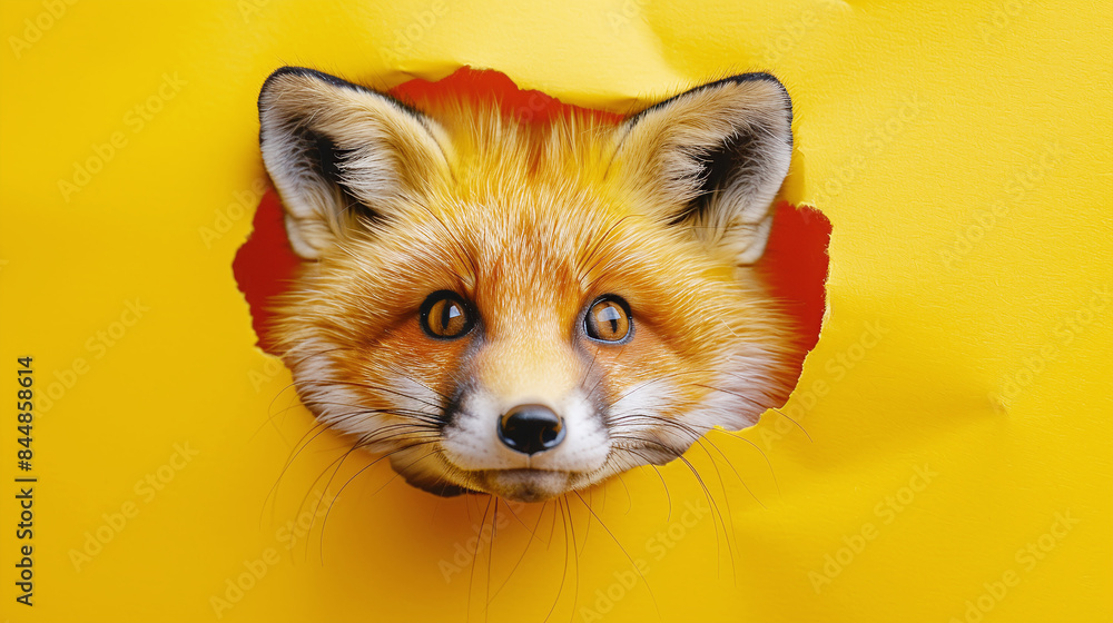 Fototapeta premium Curious Red Fox Peeking Through Yellow Paper Background Adorable Wildlife Closeup