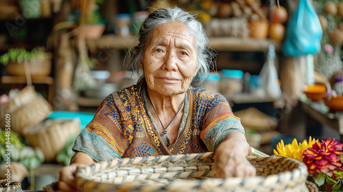 Elderly Woman with Gray Hair Holding Woven Basket in Rustic Artisan Shop with Colorful Décor