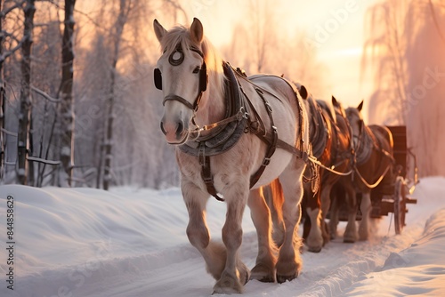 Horse-drawn carriages in the winter forest at sunset.