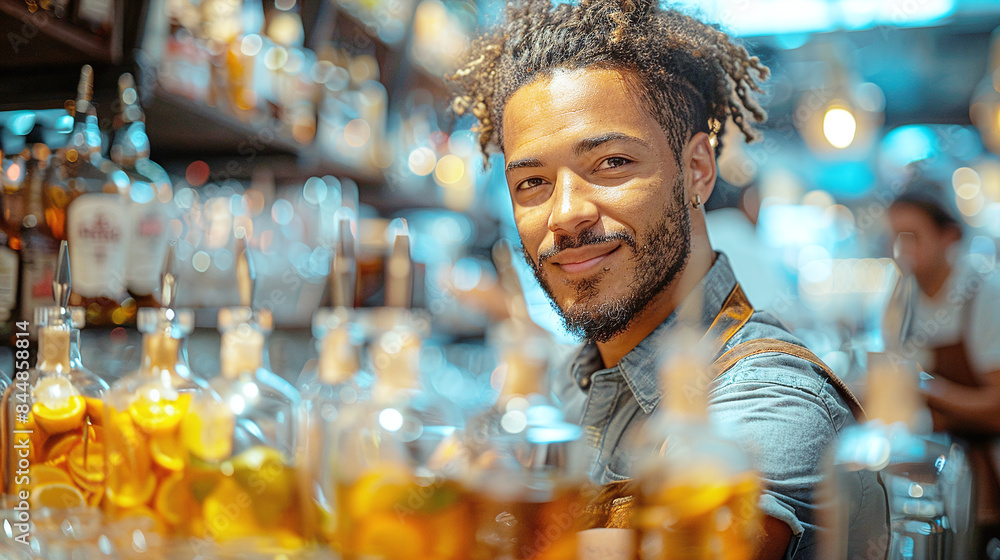 Friendly Bartender Smiling Behind Bar Counter in Cozy Dimly Lit Bar with Bottles and Fruits Friendly Bartender Smiling Behind Bar Counter in Cozy Dimly Lit Bar with Bottles and Fruits