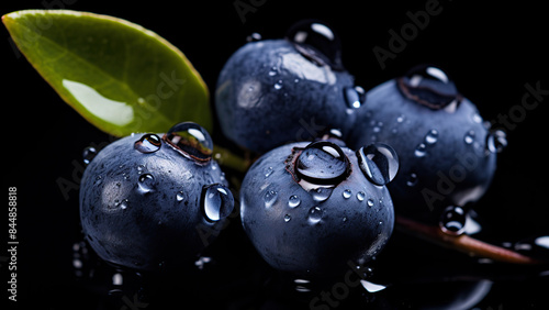 Close-up of blueberries with water droplets, isolated on black background
