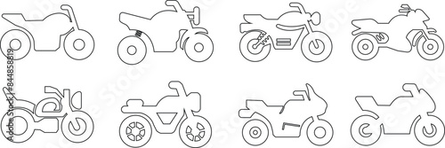 List of different type of motorcycle, bike, and motorbike icon set. Side view of all kind of motorcycle from moped, scooter, roadster, sports, cruiser, touring, scrambler, trial bike, and chopper.