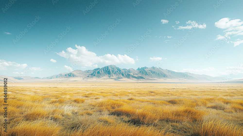 Golden Grass Field with Majestic Mountains Under Clear Blue Sky Summer Landscape Scene Golden Grass Field with Majestic Mountains Under Clear Blue Sky Summer Landscape Scene