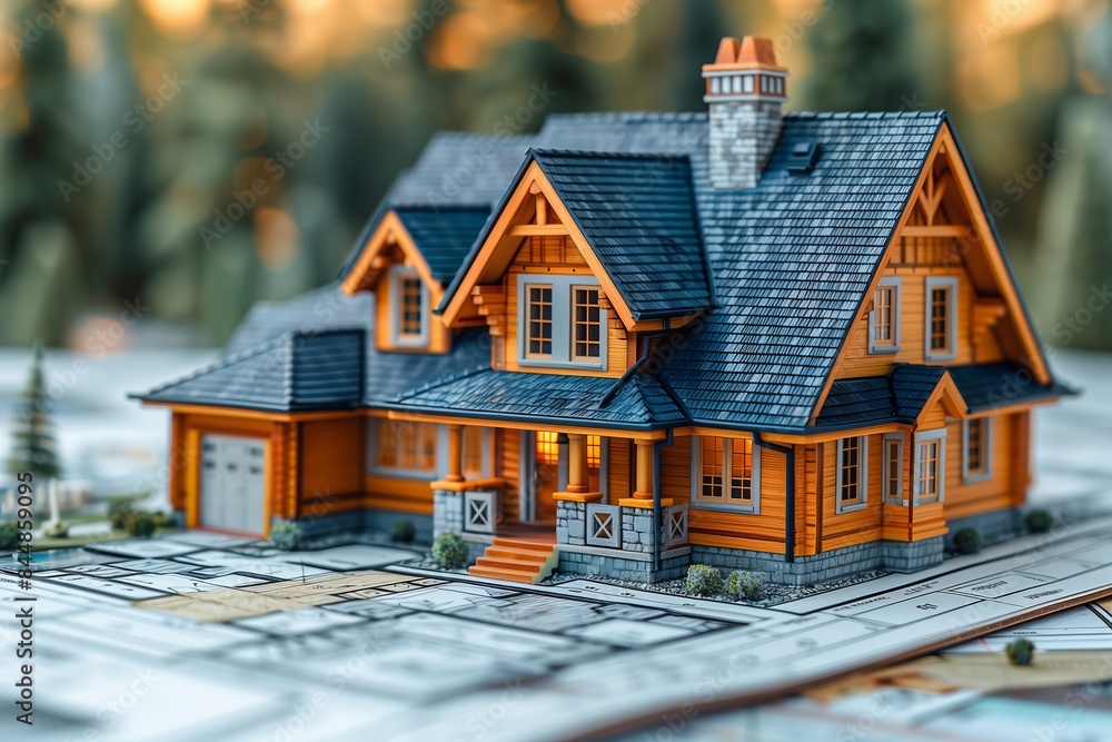 A small model of a house is sitting on top of a drawing of a house. The house is made of wood and has a slanted roof A small model of a house is sitting on top of a drawing of a house. The house is made of wood and has a slanted roof