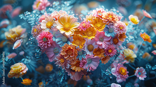 Heart-Shaped Bouquet of Vibrant Orange and Pink Flowers Against Dark Blue Background