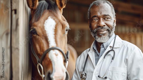 Veterinarian with Gray Beard and Stethoscope Standing Next to a Horse in Stable