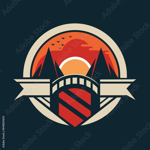Minimalist Movie Genre Logo With Mountain Sunset and Bridge, A minimalist logo inspired by a classic movie genre