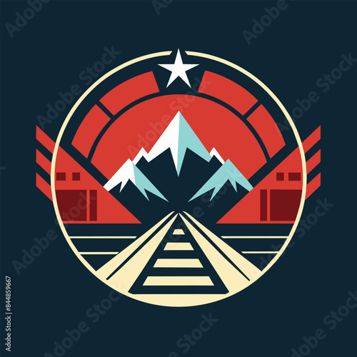 Minimalist Mountain Railway Logo Inspired By Classic Film Genre, A minimalist logo inspired by a classic movie genre