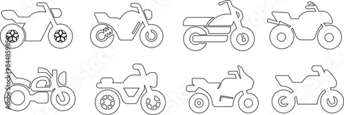 List of different type of motorcycle, bike, and motorbike icon set. Side view of all kind of motorcycle from moped, scooter, roadster, sports, cruiser, touring, scrambler, trial bike, and chopper.