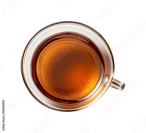 Tea in a clear glass cup seen from above.