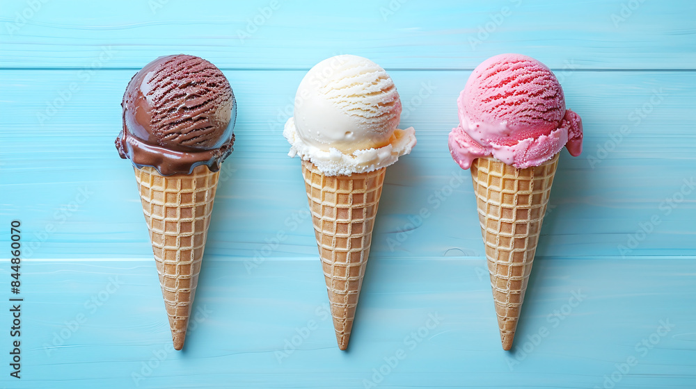 Three Ice Cream Cones Chocolate Vanilla Strawberry Waffle Cones on Wooden Blue Background Three Ice Cream Cones Chocolate Vanilla Strawberry Waffle Cones on Wooden Blue Background
