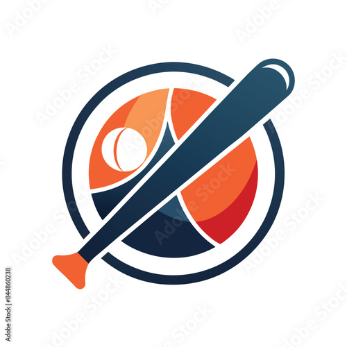 A minimalist logo featuring a baseball bat and ball within a circle, designed in blue, orange, and white, A minimalist logo of a baseball bat and ball in harmony