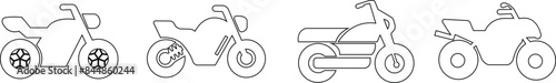 List of different type of motorcycle, bike, and motorbike icon set. Side view of all kind of motorcycle from moped, scooter, roadster, sports, cruiser, touring, scrambler, trial bike, and chopper.