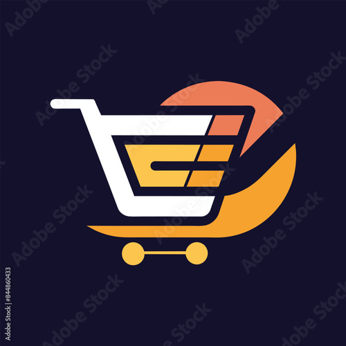 A simple and modern logo design featuring a white shopping cart with yellow and orange accents, A minimalist logo that captures the essence of e-commerce