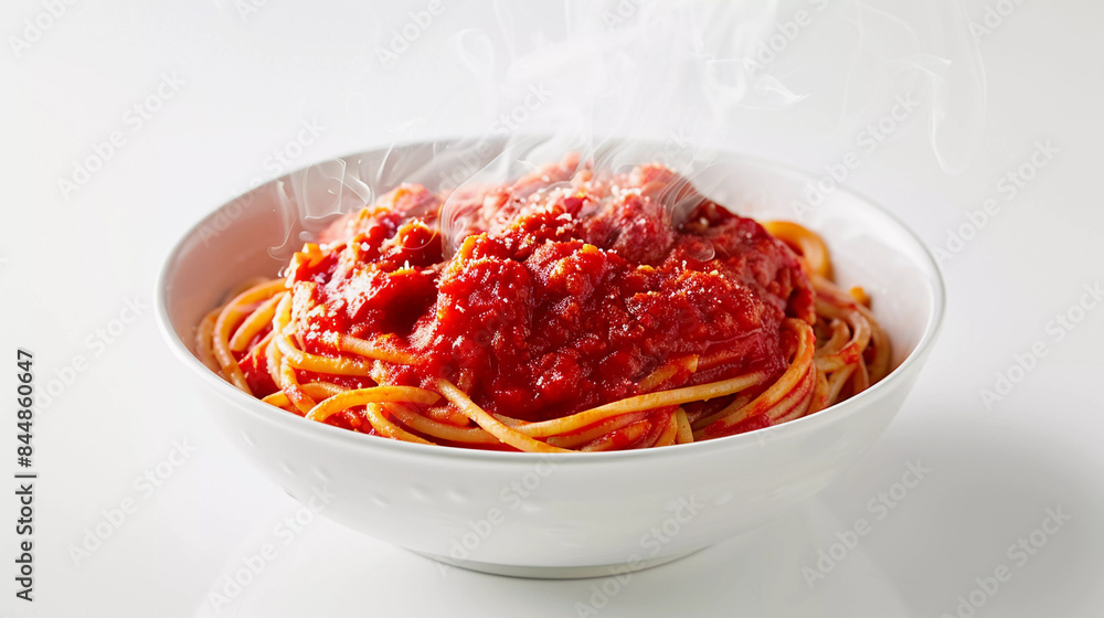 Bowl of steamy hot spaghetti with salsa in bowl isolated on white background Bowl of steamy hot spaghetti with salsa in bowl isolated on white background