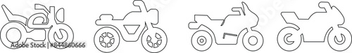 List of different type of motorcycle, bike, and motorbike icon set. Side view of all kind of motorcycle from moped, scooter, roadster, sports, cruiser, touring, scrambler, trial bike, and chopper.