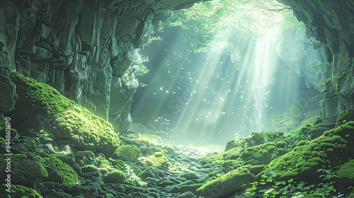 Lush Green Forest Cave with Sunlight Rays and Waterfall Serene Nature Landscape © Kiss