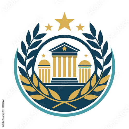 A circular logo with a stylized, minimalist image of a classical building, framed by a laurel wreath and five stars, A minimalist logo with a subtle nod to art history, using timeless design elements