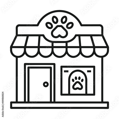 A simple outline illustration depicting the front of a pet store, A minimalist outline of a pet store front