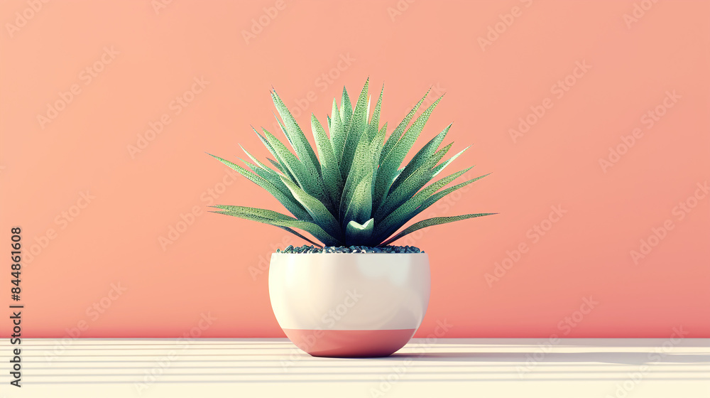 Modern Green Succulent in White Pot Against Orange Background Minimalist Decor Modern Green Succulent in White Pot Against Orange Background Minimalist Decor