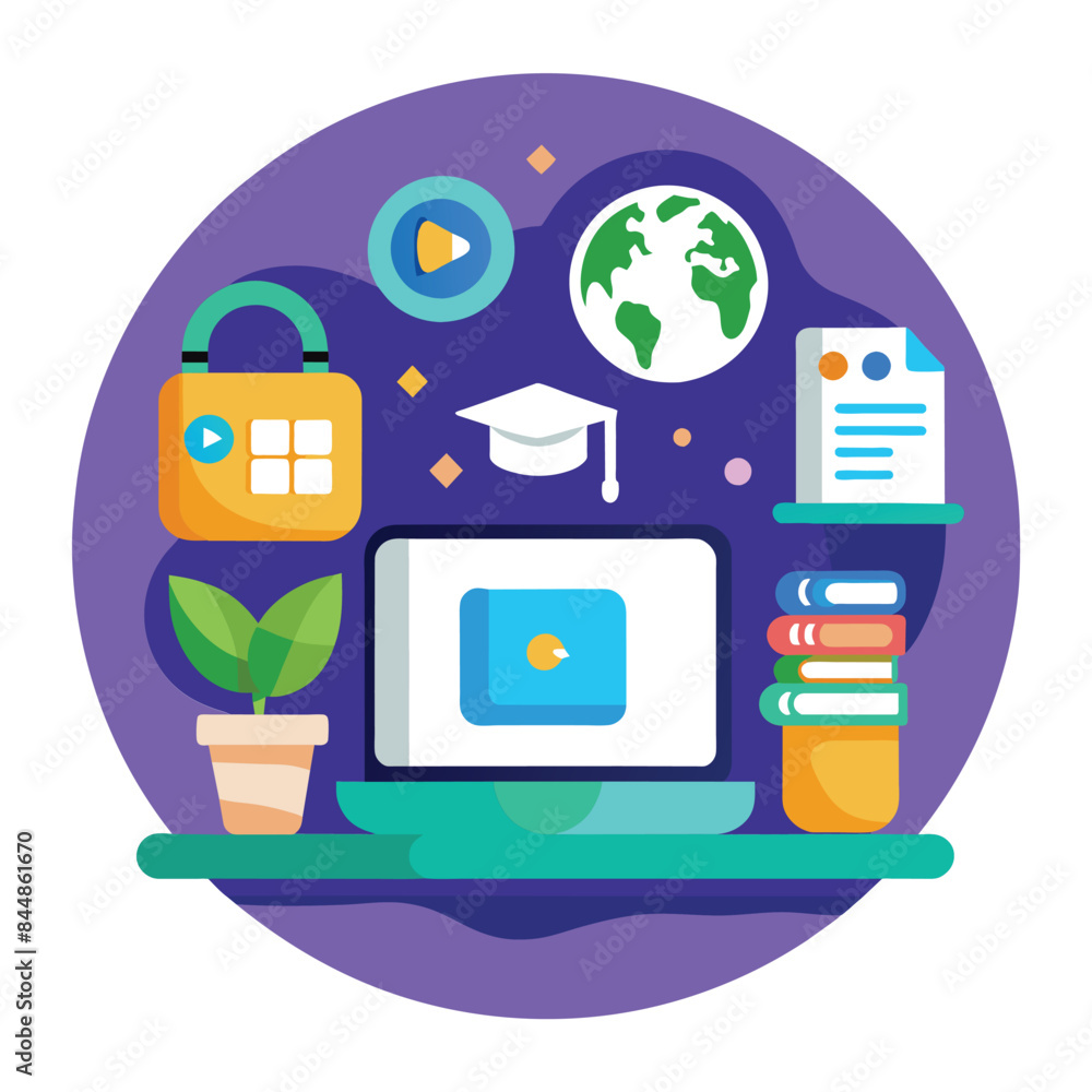 A modern and simple icon depicting a laptop, graduation cap, globe, and other elements to represent online learning, A modern and simplistic icon for a remote learning platform A modern and simple icon depicting a laptop, graduation cap, globe, and other elements to represent online learning, A modern and simplistic icon for a remote learning platform