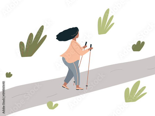 Overweight african woman is engaged in Nordic walking with sticks on path in the park. Old plump fashionable black woman walk on foot in the open air adhering to healthy lifestyle.Vector illustration