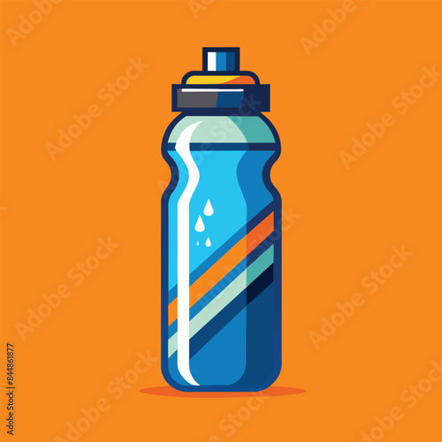 A cartoon illustration of a modern water bottle with a blue body and orange and blue stripes, A modern interpretation of a water bottle to signify hydration and wellness