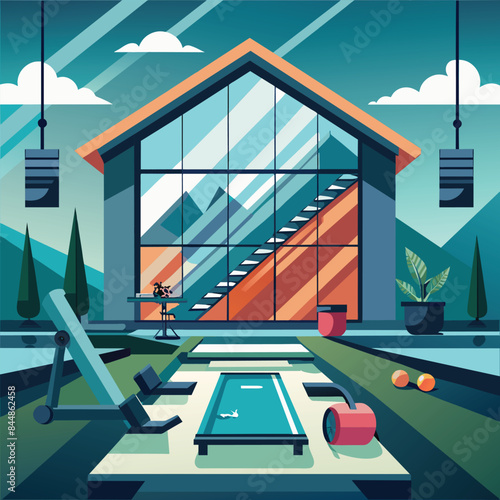 A serene image of a modern gym with a rowing machine and mountain views, A serene image representing a modern gym with sleek design elements