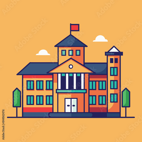 A simple, stylized illustration of a school building with a flag on top, A series of lines forming a minimalist depiction of a school building