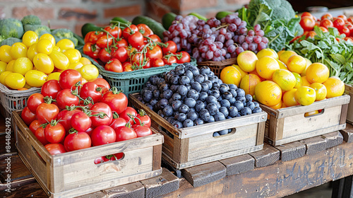 Fresh Organic Fruits and Vegetables in Wooden Crates at Farmers Market Colorful Healthy Produce Display