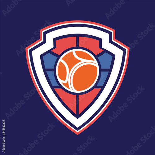 A minimalist logo design featuring a white shield with an orange tennis ball in the center, A simple, bold logo for a tennis team