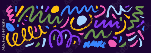 Colorful abstract doodle lines and bold dots. Hand drawn brush or crayon drawings, scribble simple. elements for diagrams and notes. Freehand emphasis lines and strokes. Doodle dividers.