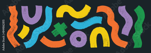 Colorful abstract geometric charcoal thick wavy lines and circle in childish style.