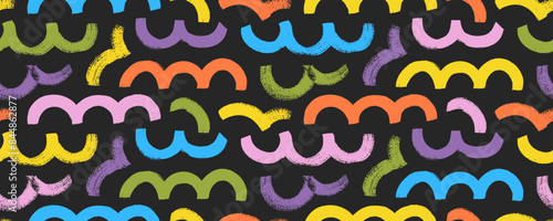 Colorful seamless geometric pattern with bold wavy lines. Abstract wavy geometric texture. Hand drawn rough thick curved lines and shapes. Childish simple vector design. Arches shapes with dry texture