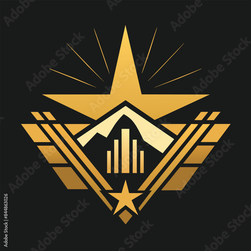 A simple logo inspired by the Golden Age of Hollywood with a large star, mountains, and wings, all in gold, A simple logo inspired by the golden age of Hollywood