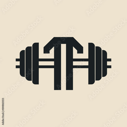 A minimalist logo design featuring a simple black dumbbell against a light beige background, A simple logo of a dumbbell with clean lines and negative space