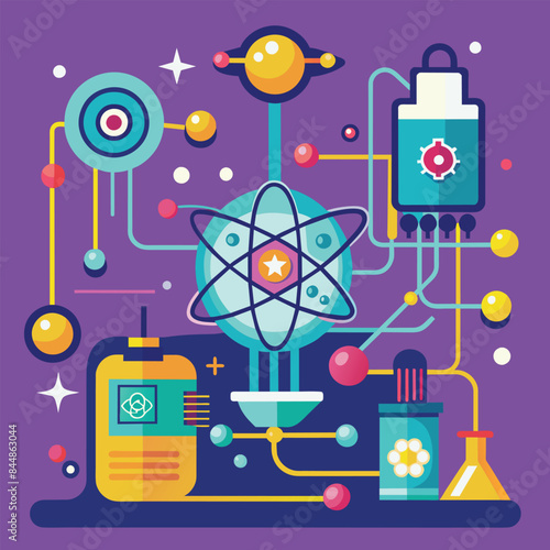 Colorful Atomic Science Illustration With Interconnected Systems and Space Elements, A simple yet impactful design inspired by the concept of quantum computing